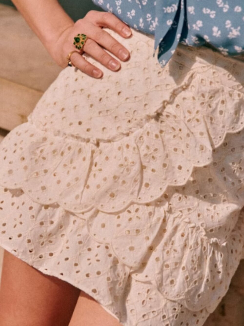 Sezane Corina Eyelet ruffle mini skirt in Ecru